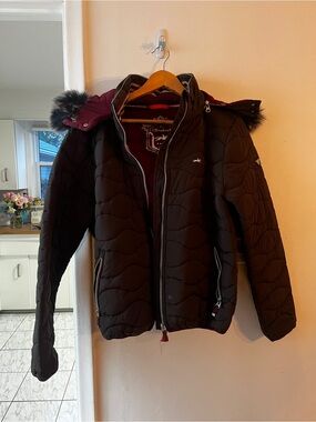 Dark Brown Quilted Puffer Jacket with Faux Fur Hood